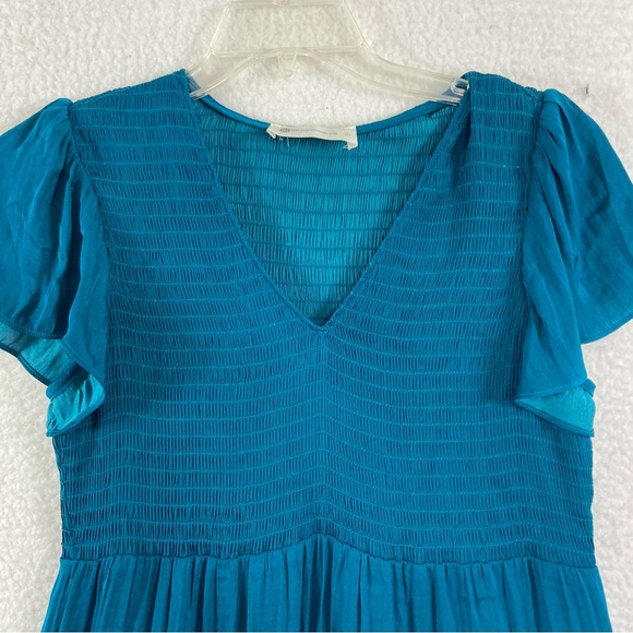 The impeccable pig teal blue smocked stretch ruffle dress. Size Large - Picture 3 of 8